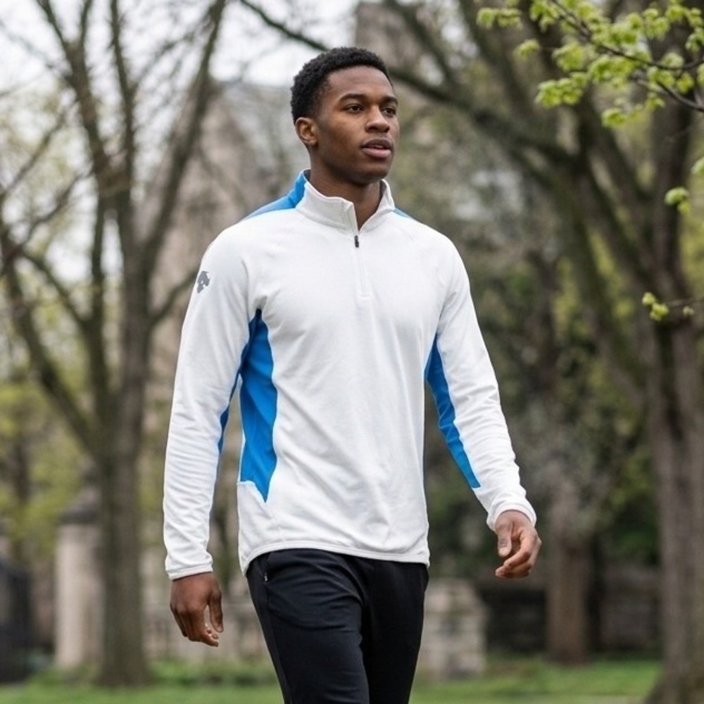 Descente Pullover Mens Large White Blue Quarter Zip Performance Mock Neck Shirt